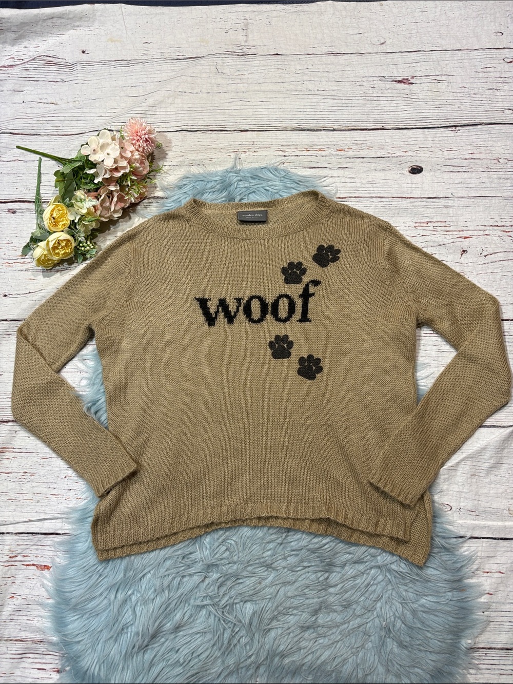 Wooden Ships Dog Woof Paw Print Graphic Mohair Wool Blend Sweater